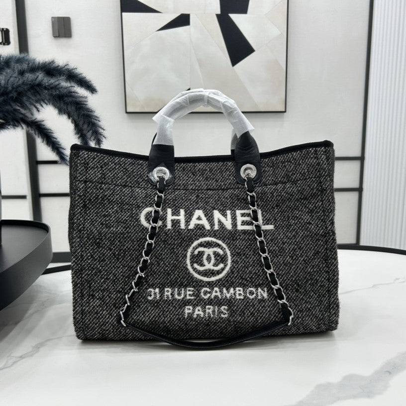 CC DEAUVILLE TWEED BAG BLACK LEATHER SILVER HARDWARE 14
