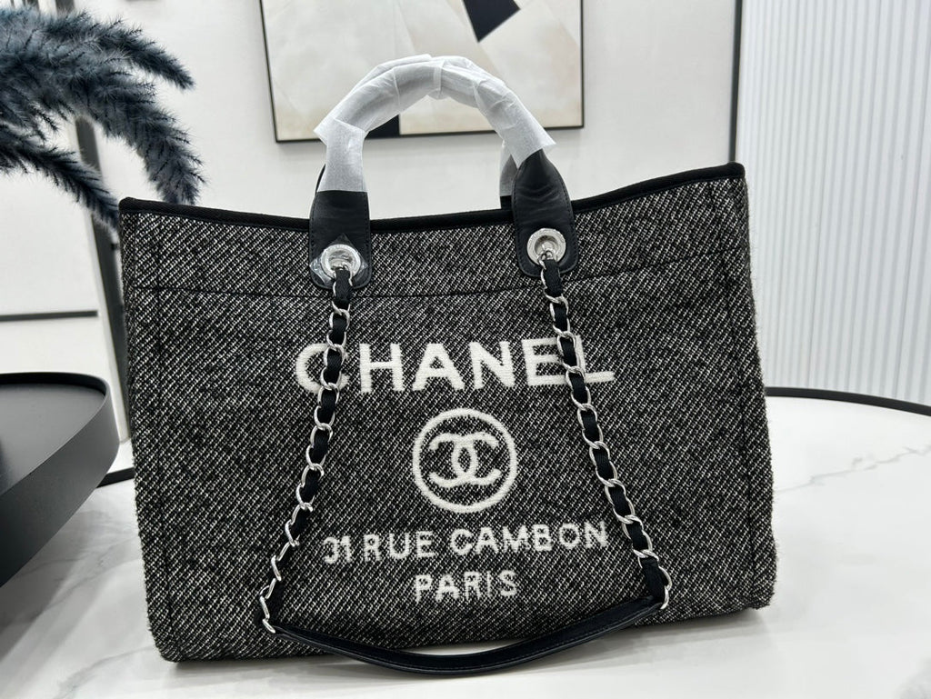 SAC CC DEAUVILLE EN TWEED CUIR NOIR QUINCAILLERIE ARGENTÉE 14