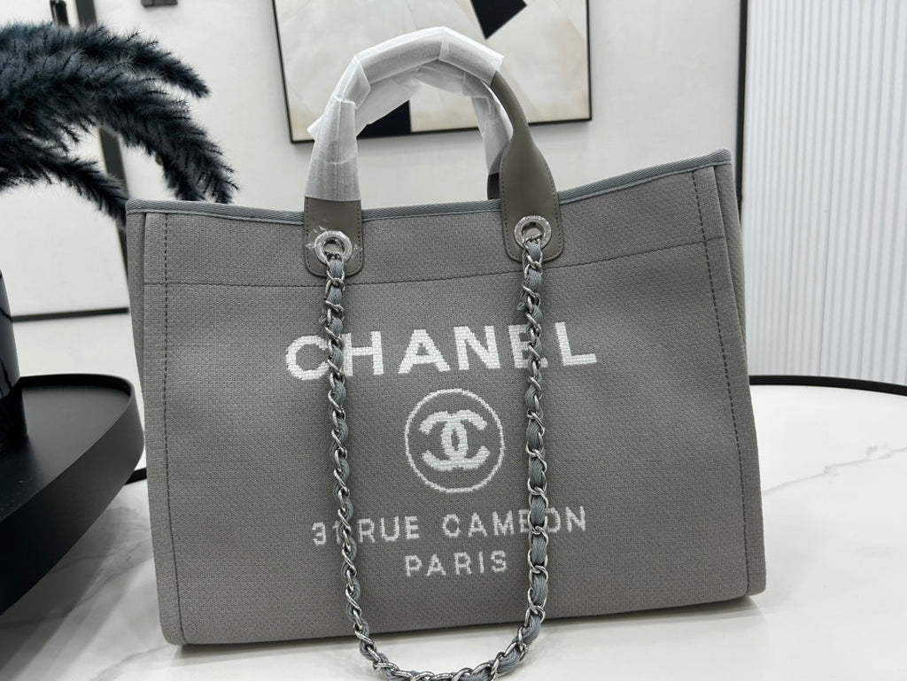 SAC CC DEAUVILLE EN TWEED CUIR MARRON FONCÉ QUINCAILLERIE ARGENTÉE 20