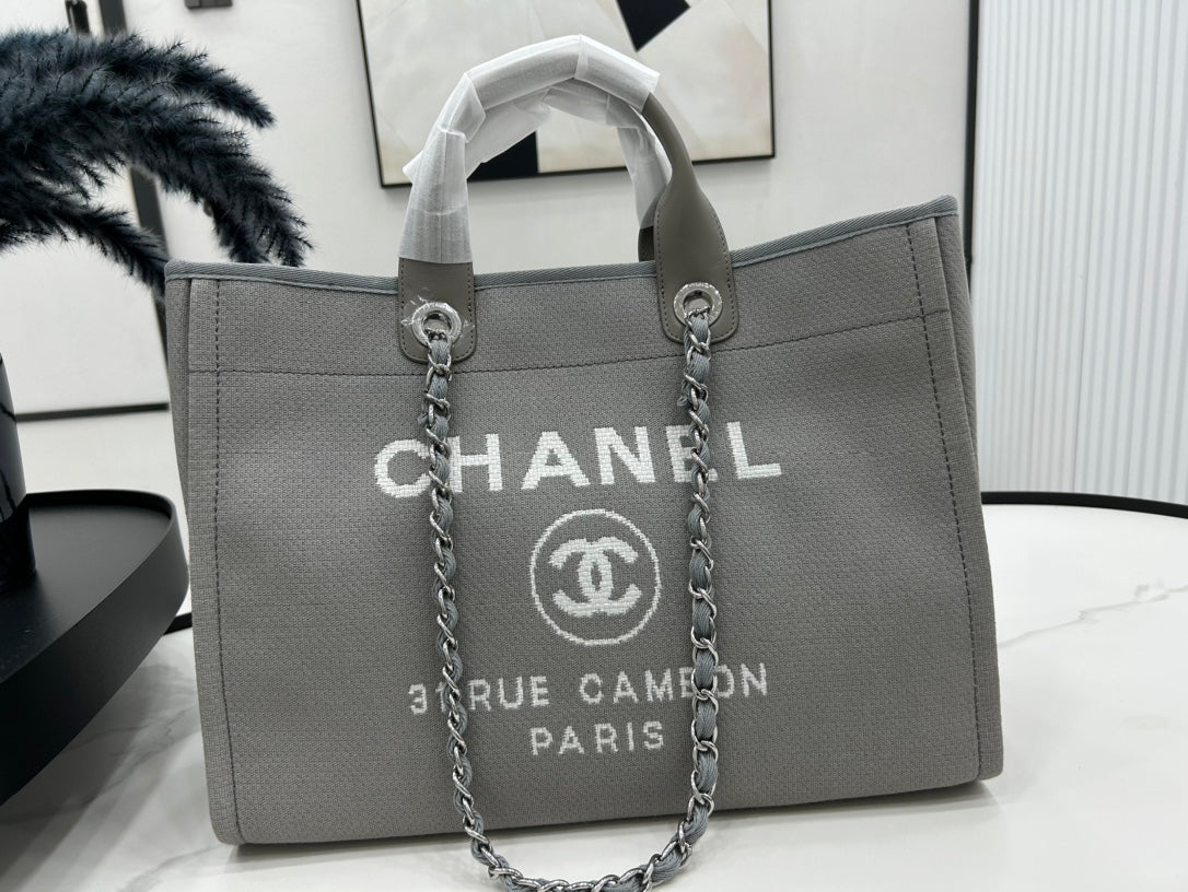 CC DEAUVILLE TWEED BAG DARK BROWN LEATHER SILVER HARDWARE 20