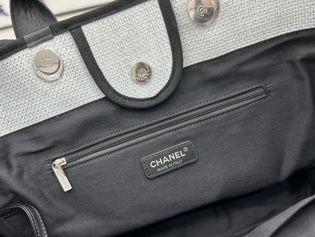 SAC CC DEAUVILLE EN TWEED CUIR NOIR QUINCAILLERIE DORÉ 17