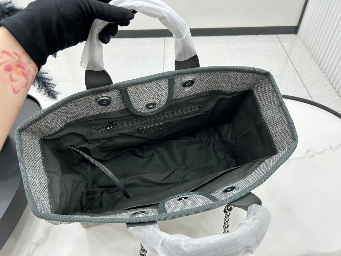 SAC CC DEAUVILLE EN TWEED CUIR VERT FONCÉ QUINCAILLERIE DORÉ 18