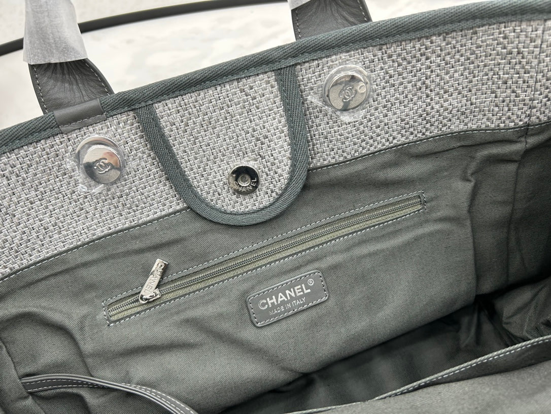 SAC CC DEAUVILLE EN TWEED CUIR VERT FONCÉ QUINCAILLERIE DORÉ 18
