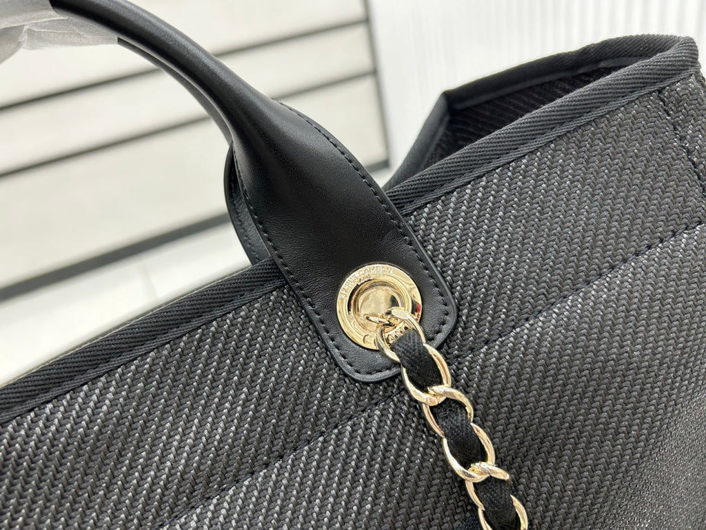 SAC CC DEAUVILLE EN TWEED CUIR NOIR QUINCAILLERIE DORÉ 24