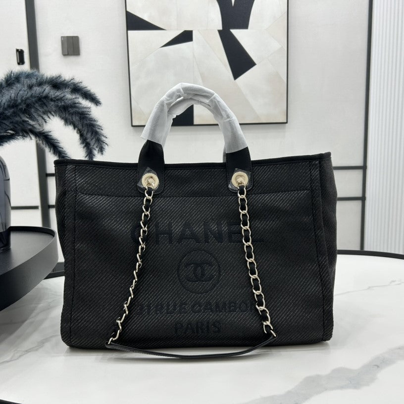 CC DEAUVILLE TWEED BAG BLACK LEATHER GOLD HARDWARE 24