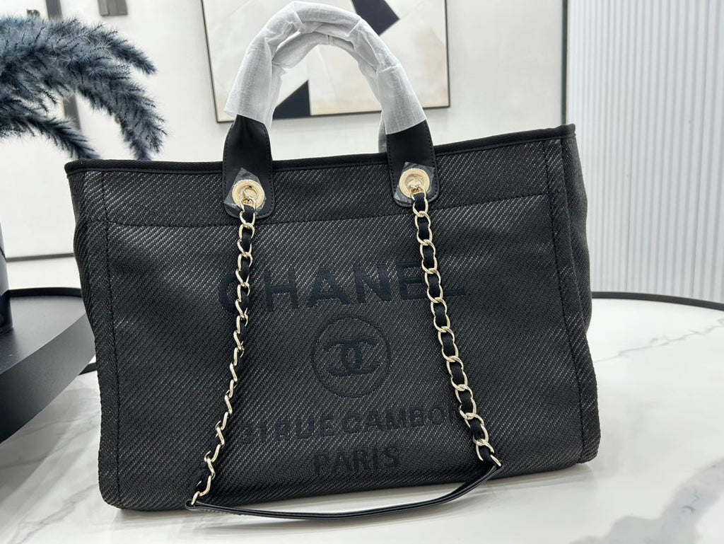 SAC CC DEAUVILLE EN TWEED CUIR NOIR QUINCAILLERIE DORÉ 24