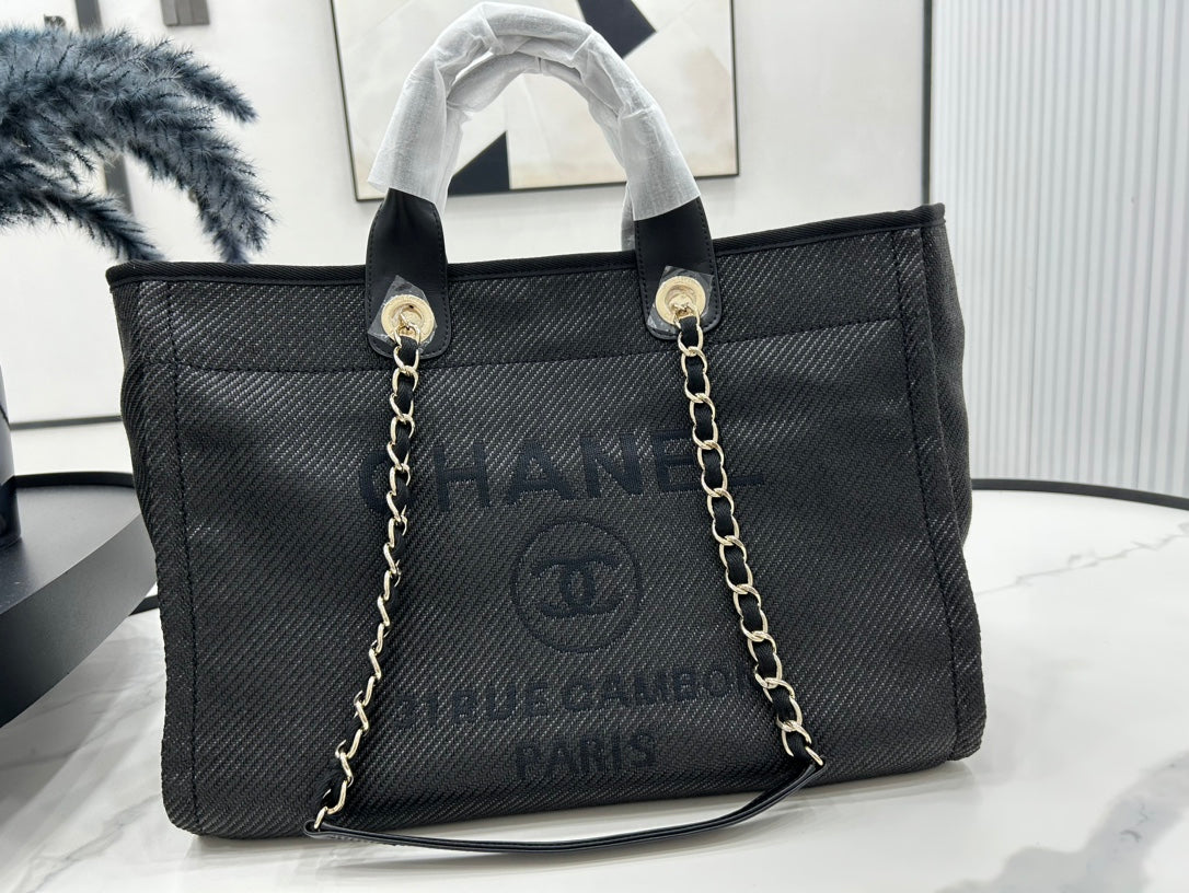 CC DEAUVILLE TWEED BAG BLACK LEATHER GOLD HARDWARE 24