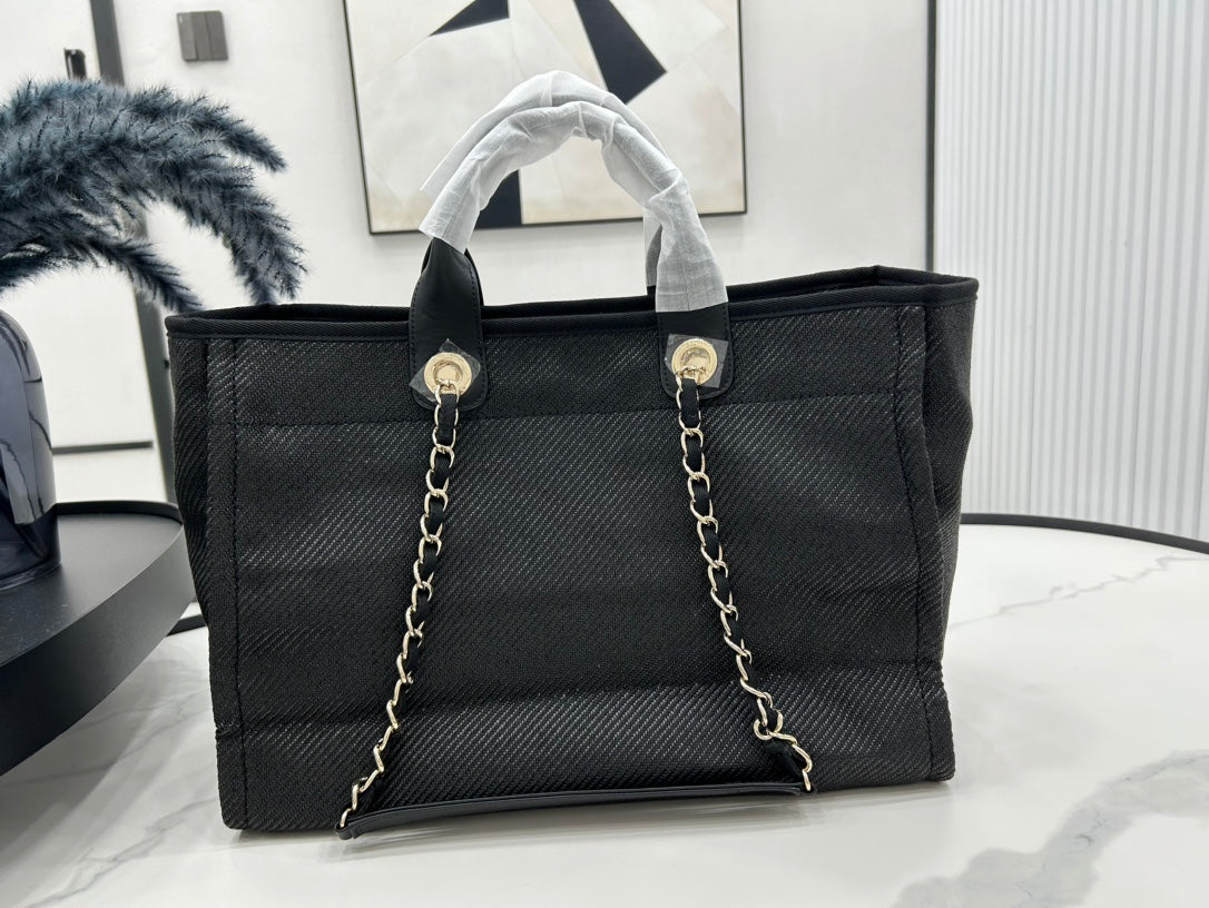 CC DEAUVILLE TWEED BAG BLACK LEATHER GOLD HARDWARE 24