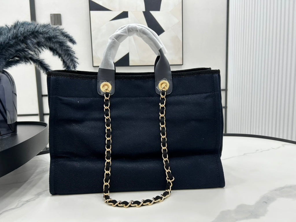 SAC CC DEAUVILLE EN TWEED CUIR NOIR QUINCAILLERIE DORÉ 21