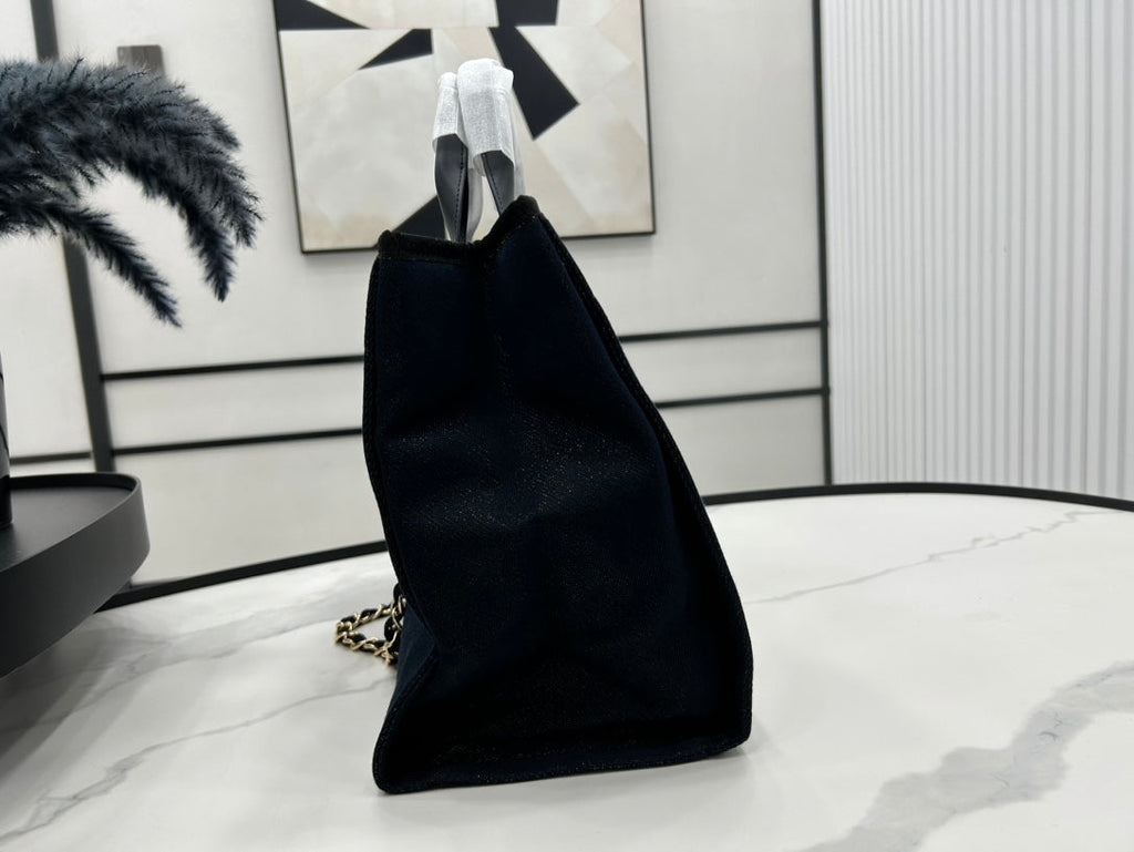 SAC CC DEAUVILLE EN TWEED CUIR NOIR QUINCAILLERIE DORÉ 21