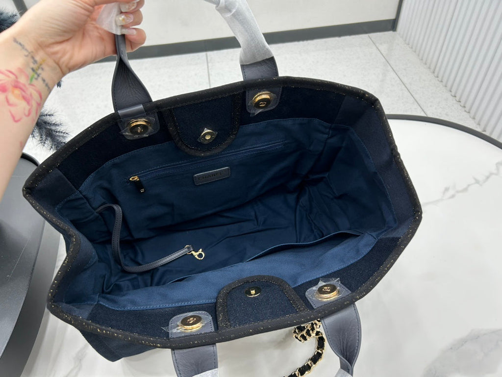 SAC CC DEAUVILLE EN TWEED CUIR NOIR QUINCAILLERIE DORÉ 21