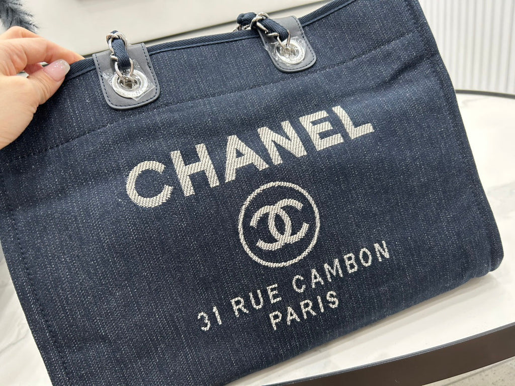 SAC CC DEAUVILLE EN TWEED CUIR NOIR QUINCAILLERIE ARGENTÉE 22