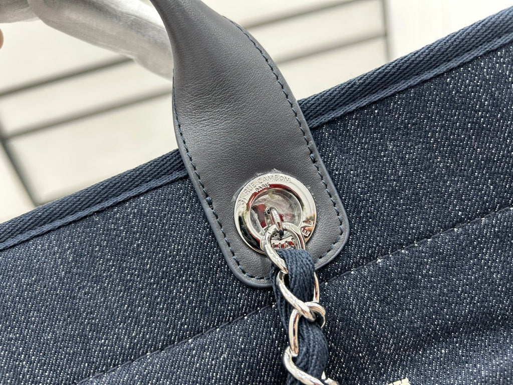 SAC CC DEAUVILLE EN TWEED CUIR NOIR QUINCAILLERIE ARGENTÉE 22