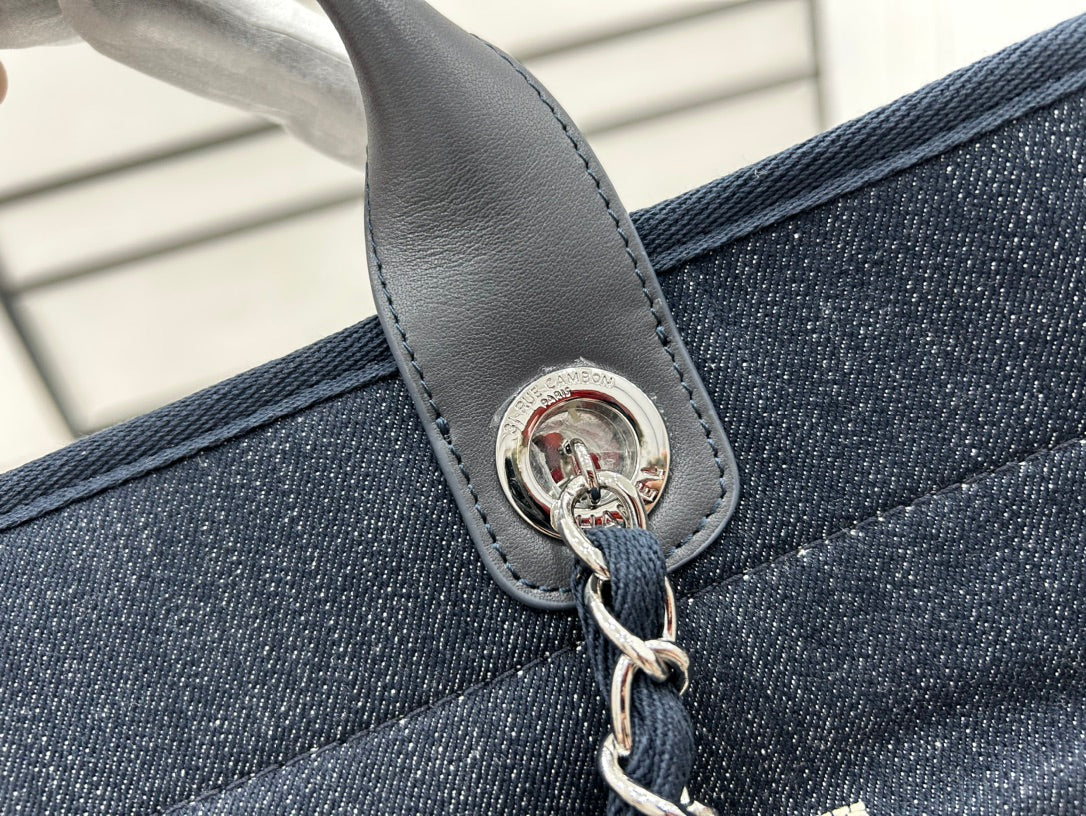 SAC CC DEAUVILLE EN TWEED CUIR NOIR QUINCAILLERIE ARGENTÉE 22