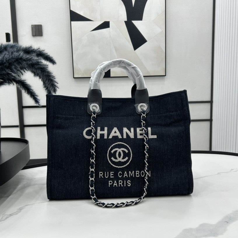 CC DEAUVILLE TWEED BAG BLACK LEATHER SILVER HARDWARE 22