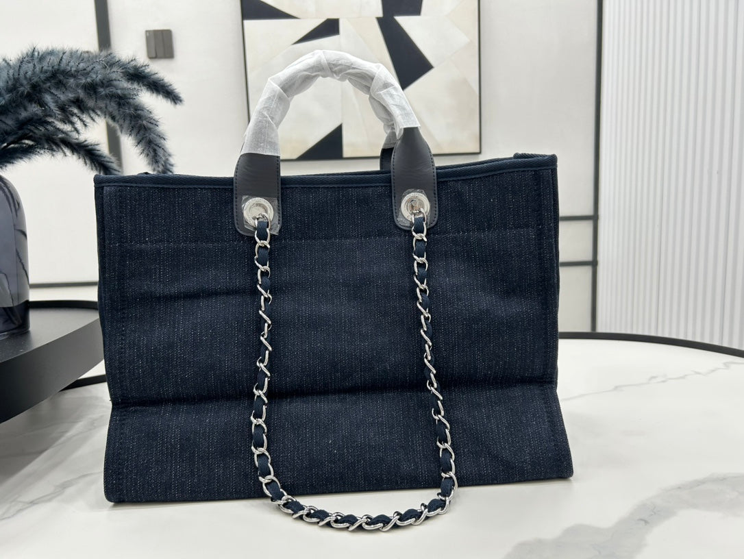 CC DEAUVILLE TWEED BAG BLACK LEATHER SILVER HARDWARE 22