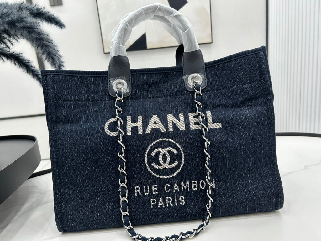 SAC CC DEAUVILLE EN TWEED CUIR NOIR QUINCAILLERIE ARGENTÉE 22