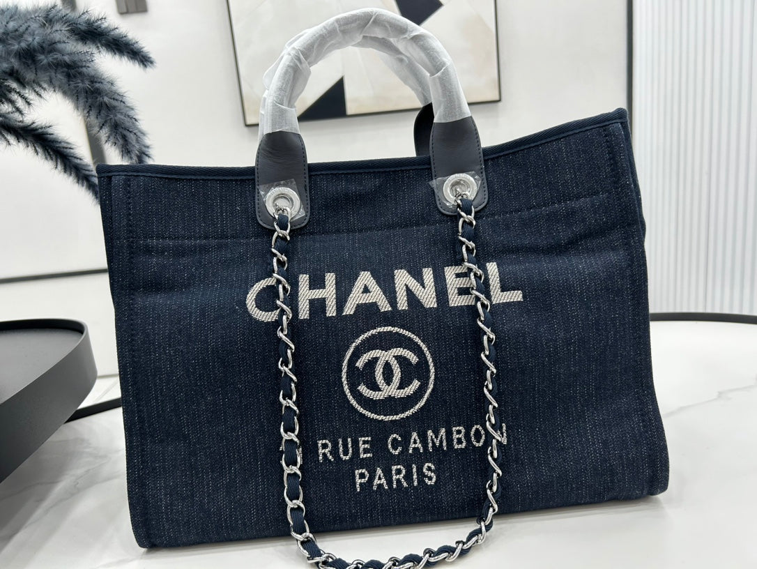 CC DEAUVILLE TWEED BAG BLACK LEATHER SILVER HARDWARE 22
