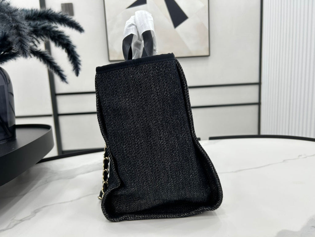 SAC CC DEAUVILLE EN TWEED CUIR NOIR QUINCAILLERIE DORÉ 25