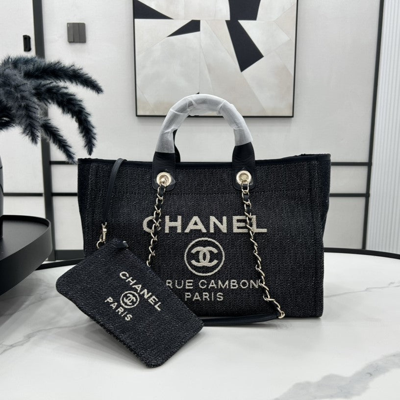 CC DEAUVILLE TWEED BAG BLACK LEATHER GOLD HARDWARE 25