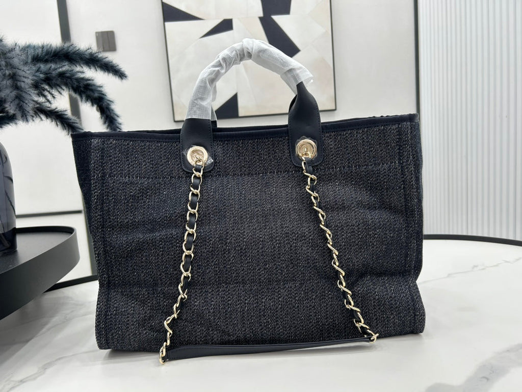 SAC CC DEAUVILLE EN TWEED CUIR NOIR QUINCAILLERIE DORÉ 25
