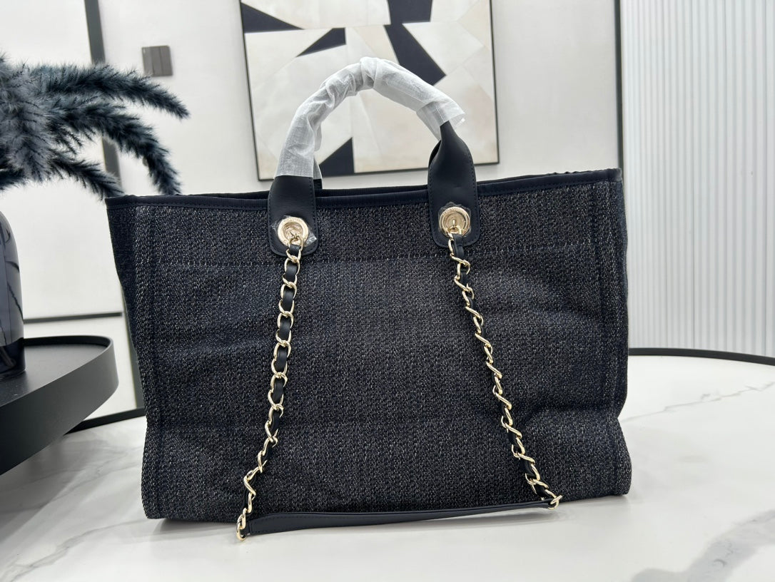 CC DEAUVILLE TWEED BAG BLACK LEATHER GOLD HARDWARE 25