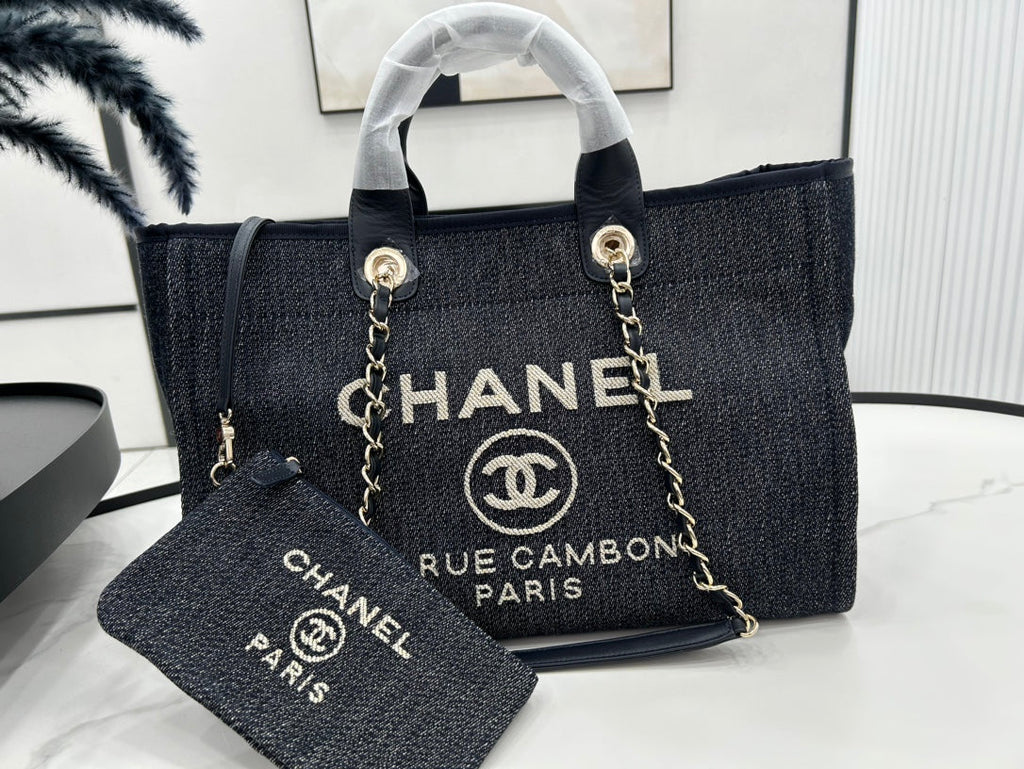 SAC CC DEAUVILLE EN TWEED CUIR NOIR QUINCAILLERIE DORÉ 25