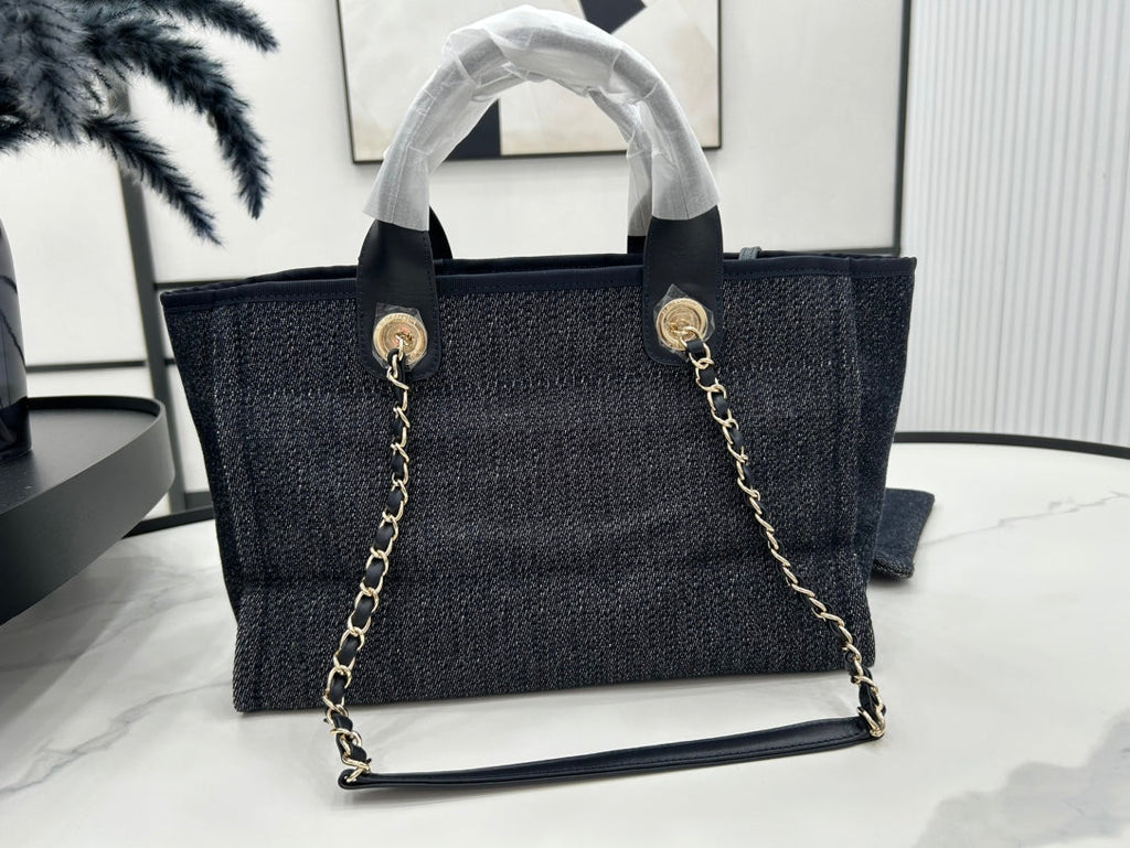 SAC CC DEAUVILLE TWEED 33X26X15.5CM CUIR NOIR QUINCAILLERIE DORÉ 26