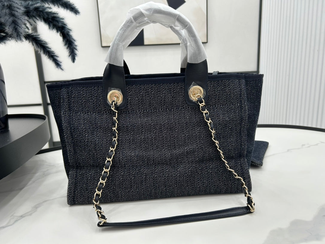 CC DEAUVILLE TWEED BAG 33X26X15.5CM BLACK LEATHER GOLD HARDWARE 26