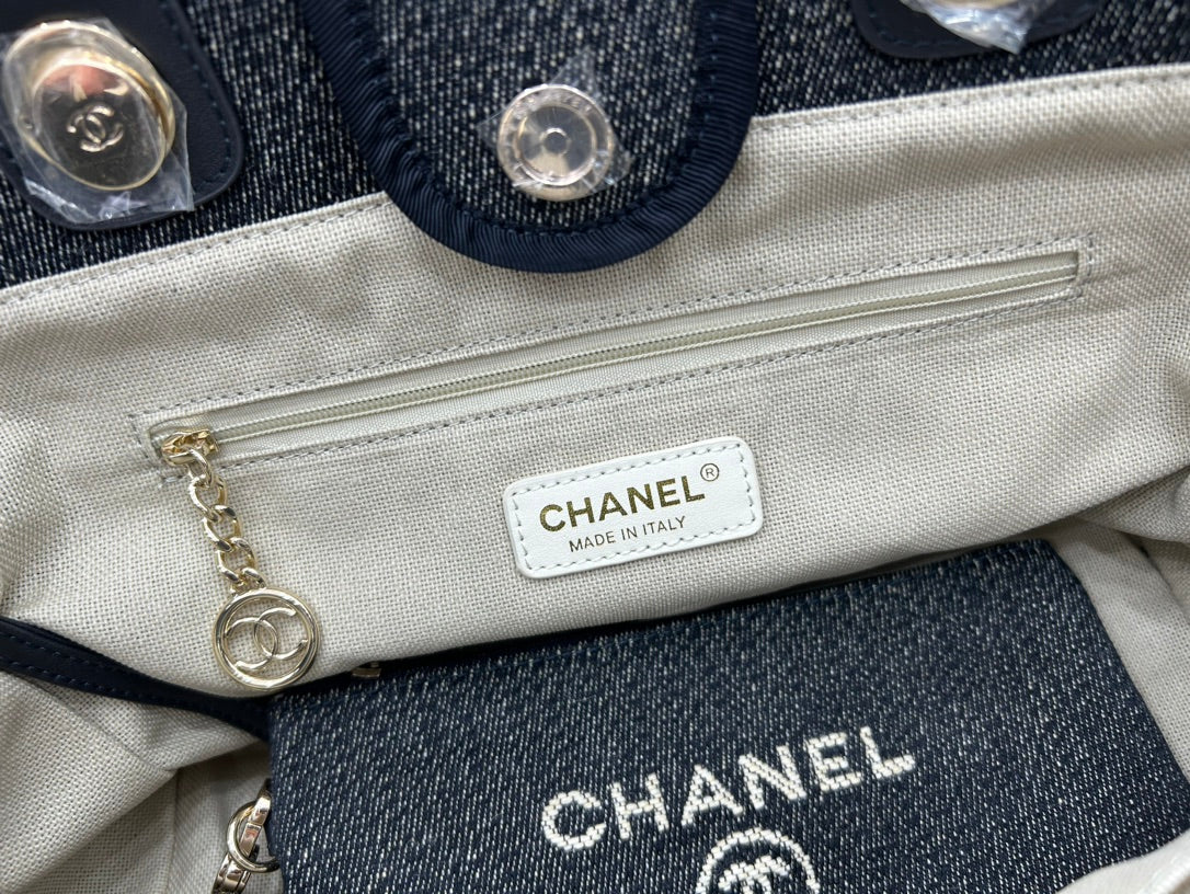 SAC CC DEAUVILLE TWEED 33X26X15.5CM CUIR NOIR QUINCAILLERIE DORÉ 26