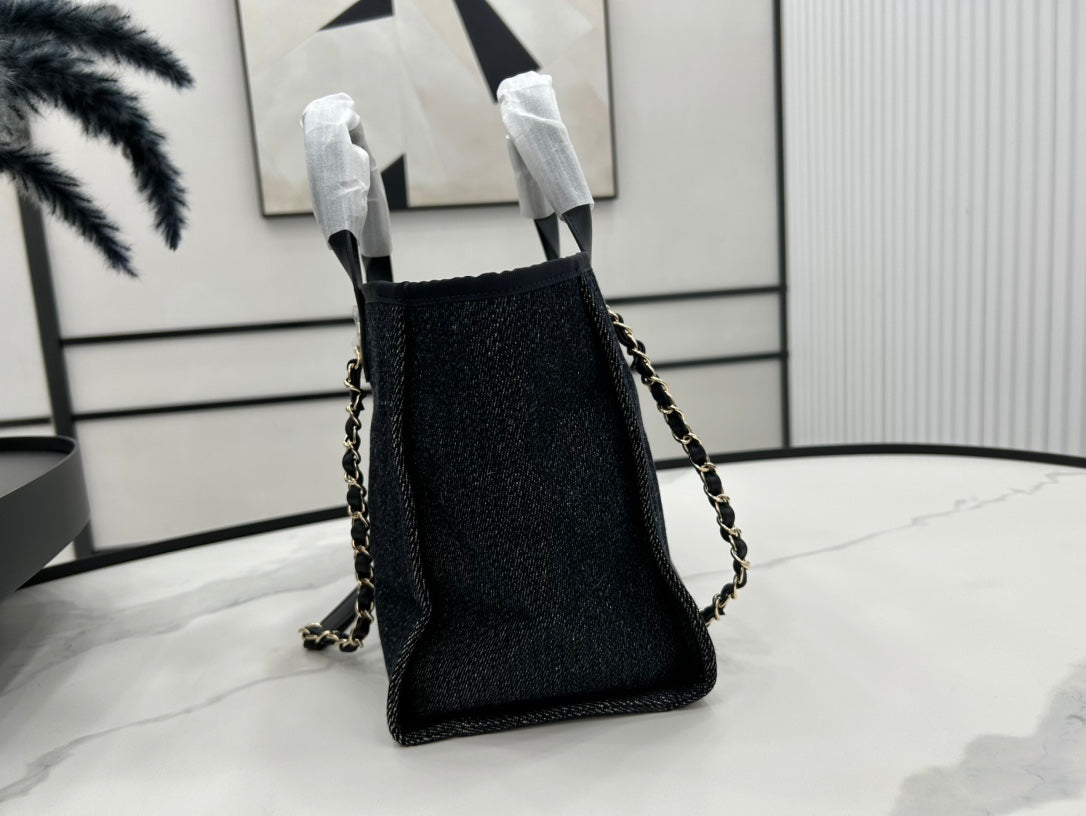 CC DEAUVILLE TWEED BAG 33X26X15.5CM BLACK LEATHER GOLD HARDWARE 26