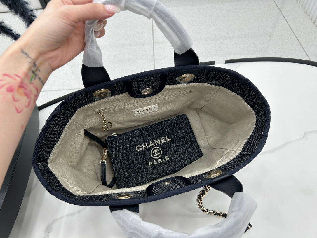SAC CC DEAUVILLE TWEED 33X26X15.5CM CUIR NOIR QUINCAILLERIE DORÉ 26