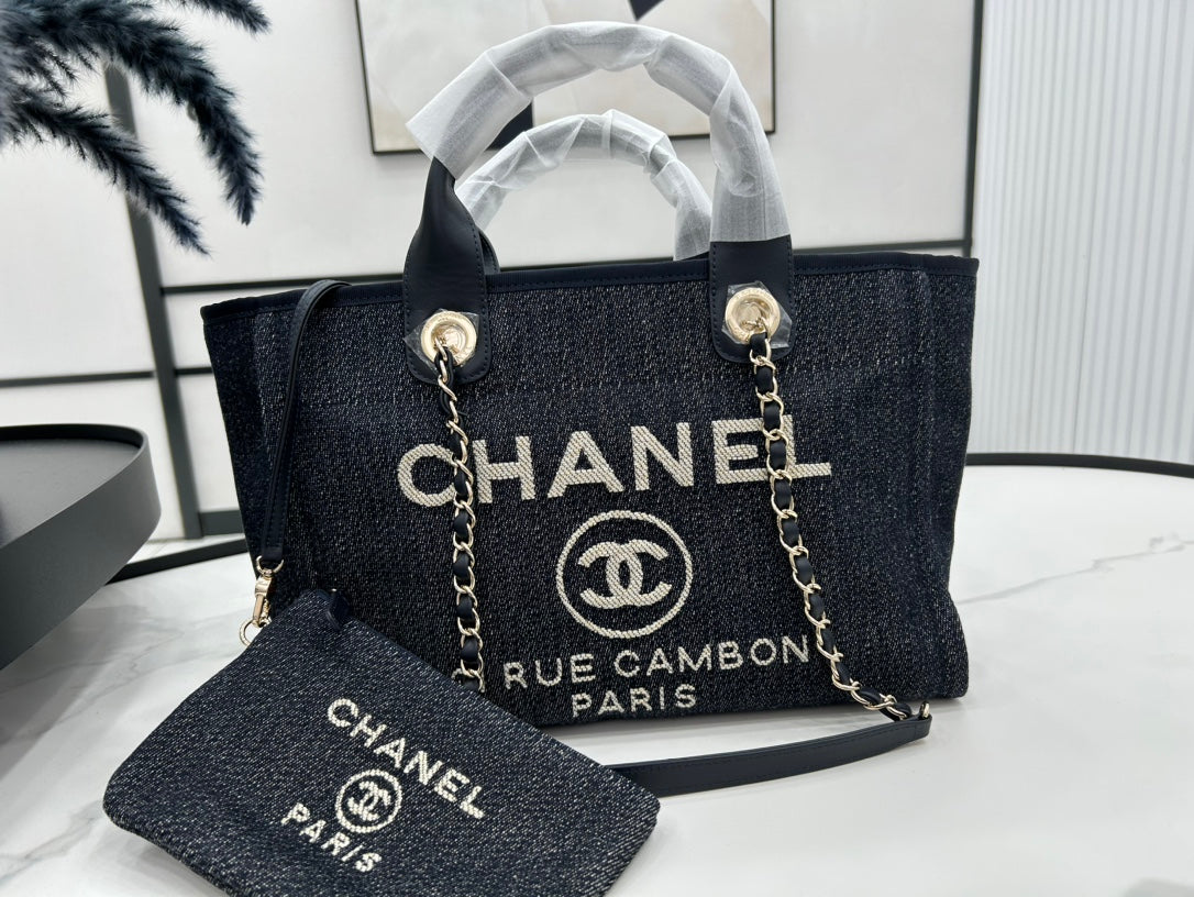 CC DEAUVILLE TWEED BAG 33X26X15.5CM BLACK LEATHER GOLD HARDWARE 26