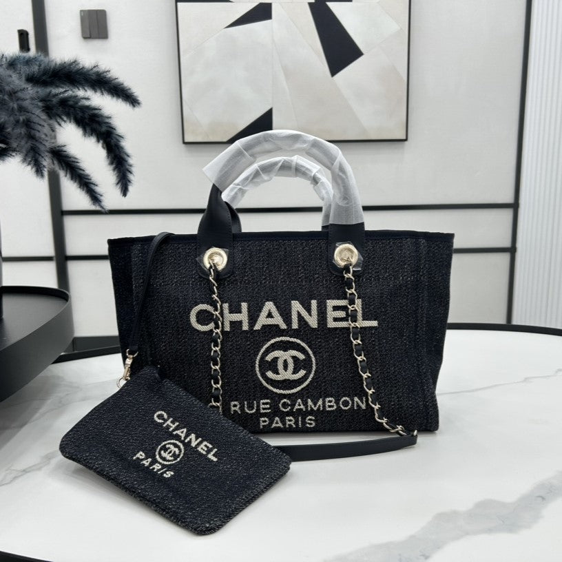 CC DEAUVILLE TWEED BAG 33X26X15.5CM BLACK LEATHER GOLD HARDWARE 26