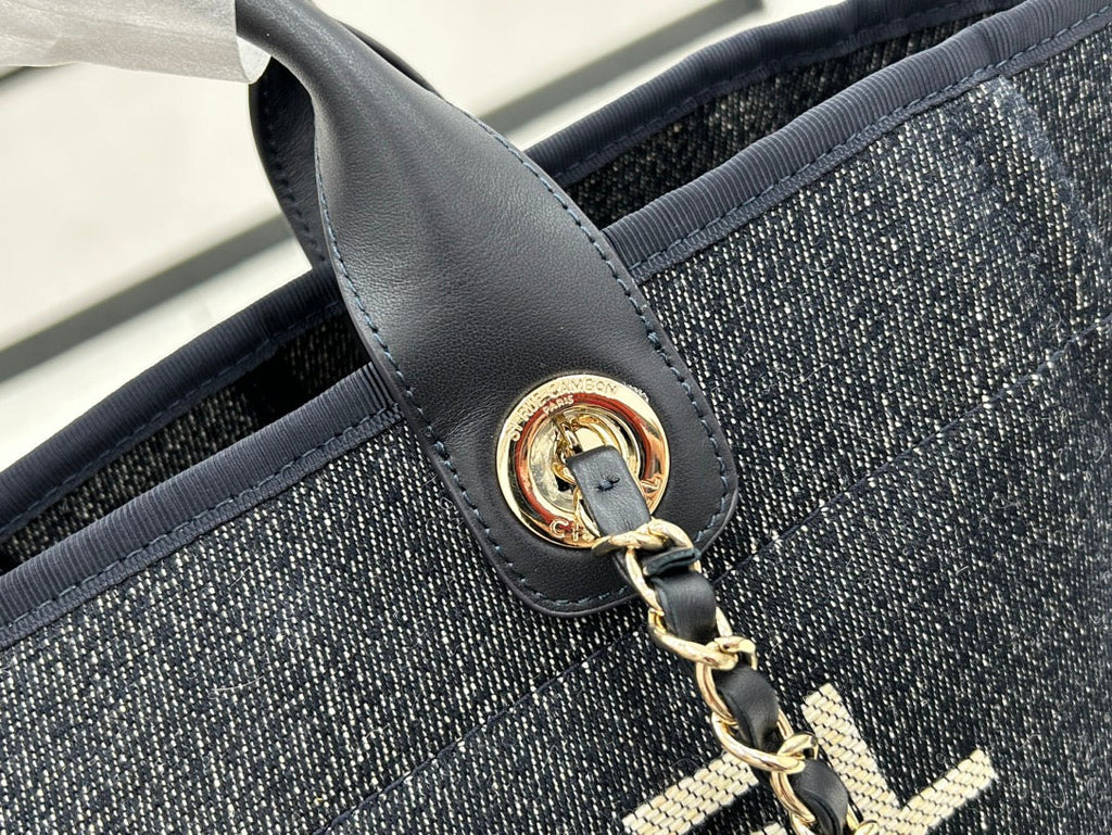 SAC CC DEAUVILLE TWEED 33X26X15.5CM CUIR NOIR QUINCAILLERIE DORÉ 26