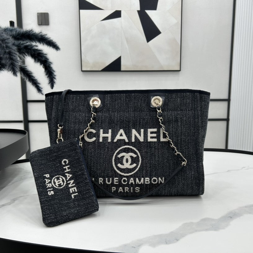 CC DEAUVILLE TWEED BAG 33X24X14.5CM BLACK LEATHER GOLD HARDWARE 27