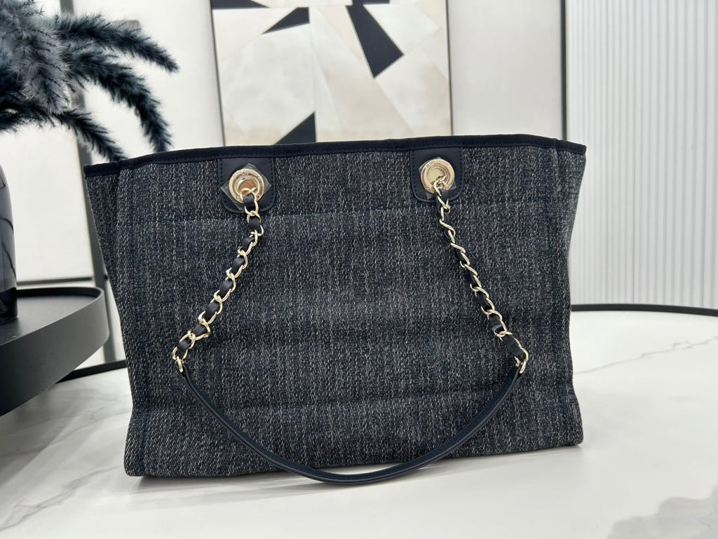 SAC CC DEAUVILLE TWEED 33X24X14.5CM CUIR NOIR QUINCAILLERIE DORÉ 27
