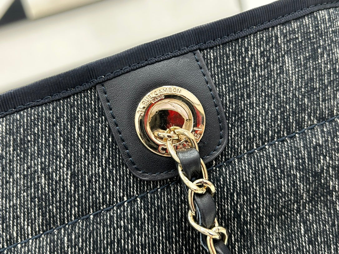 SAC CC DEAUVILLE TWEED 33X24X14.5CM CUIR NOIR QUINCAILLERIE DORÉ 27