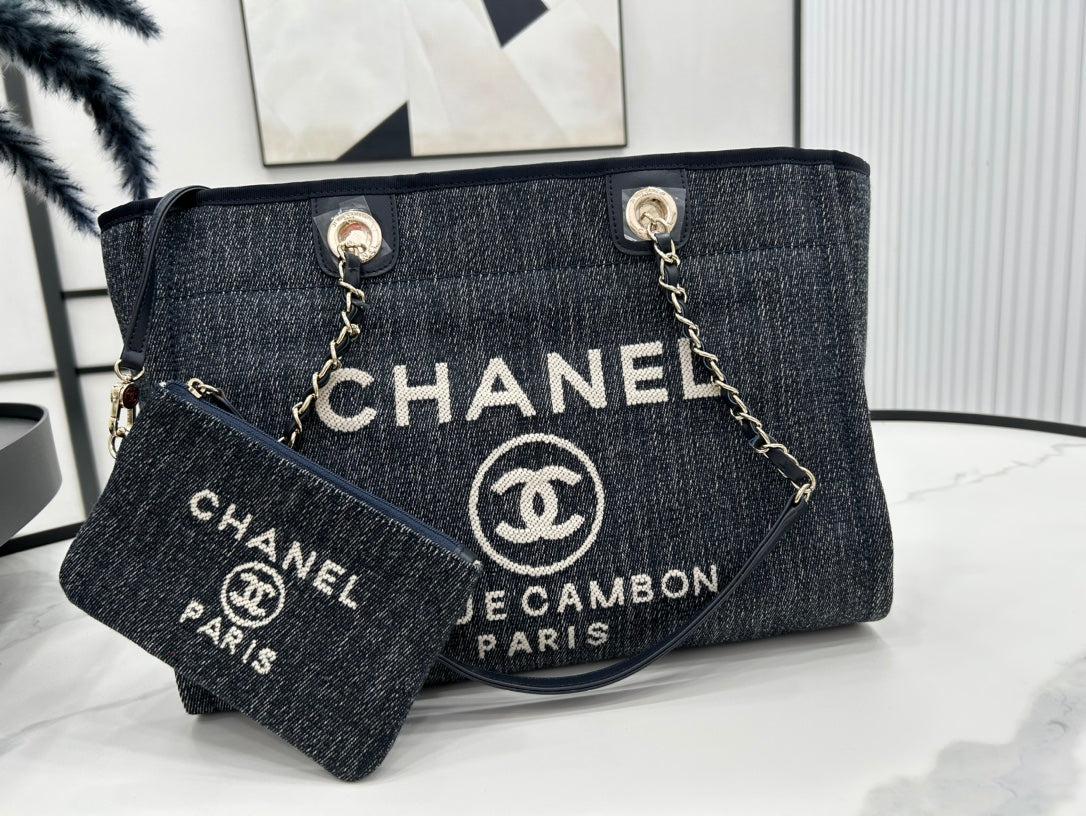 CC DEAUVILLE TWEED BAG 33X24X14.5CM BLACK LEATHER GOLD HARDWARE 27