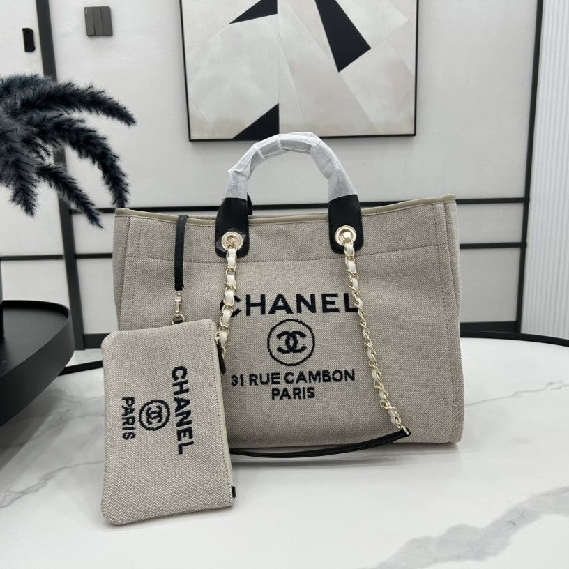 CC DEAUVILLE TWEED BAG BLACK LEATHER GOLD HARDWARE 34