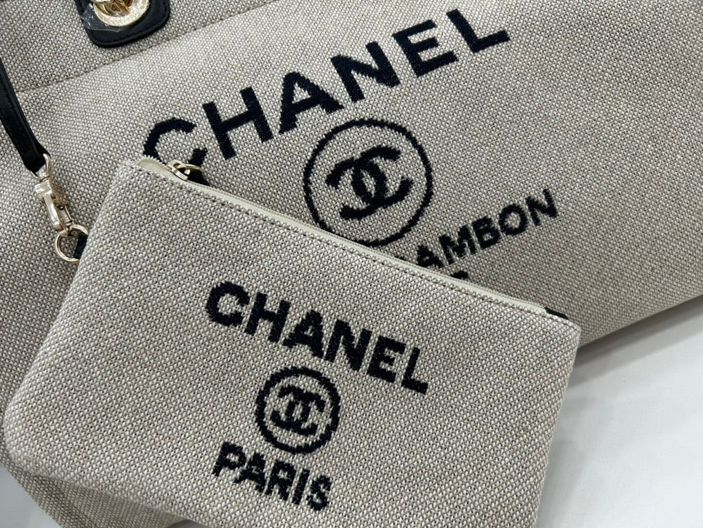 SAC CC DEAUVILLE EN TWEED CUIR NOIR QUINCAILLERIE DORÉ 34