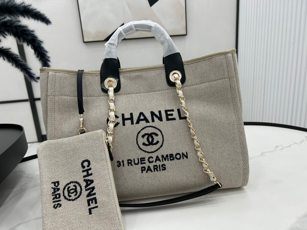 SAC CC DEAUVILLE EN TWEED CUIR NOIR QUINCAILLERIE DORÉ 34