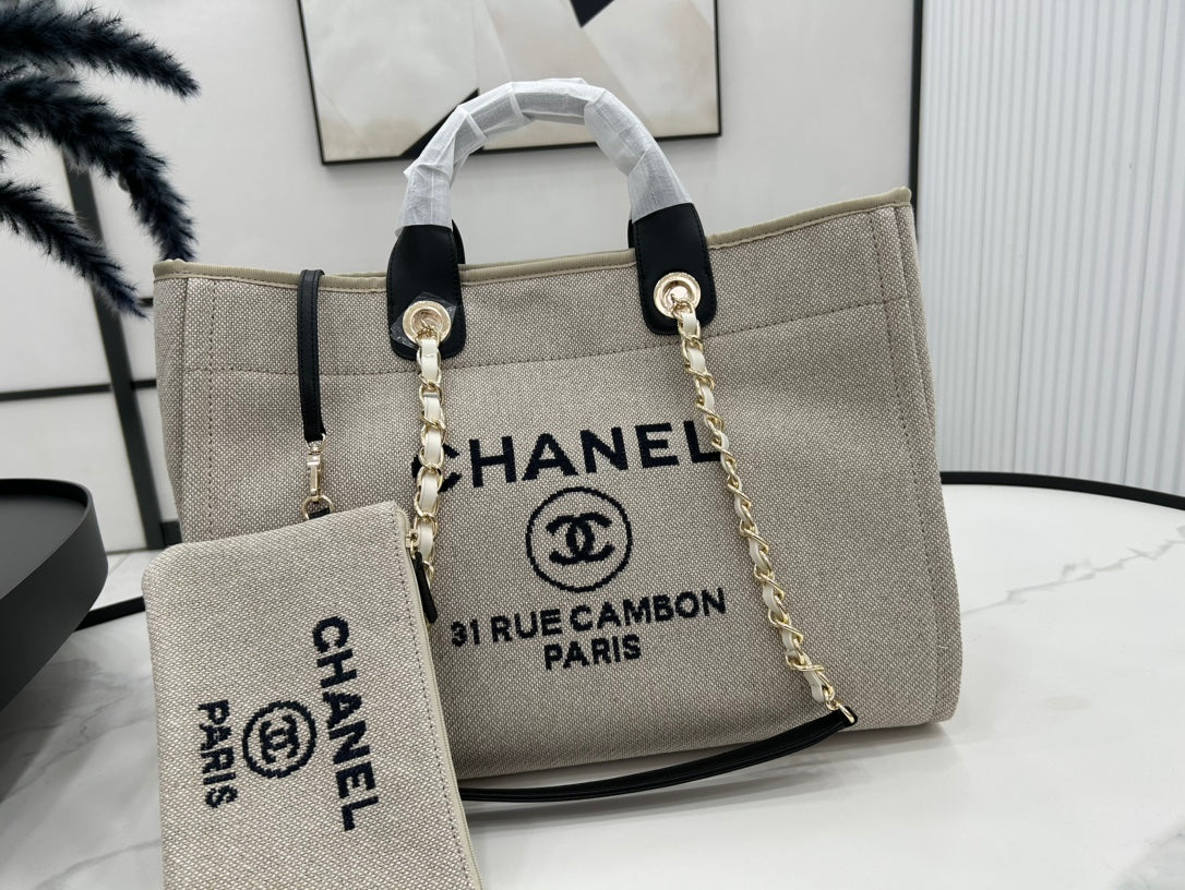 CC DEAUVILLE TWEED BAG BLACK LEATHER GOLD HARDWARE 34