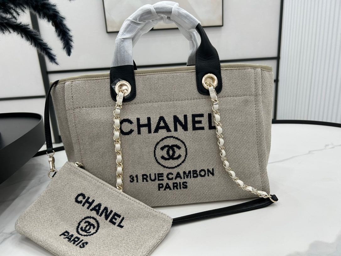 CC DEAUVILLE TWEED BAG 33X26X15.5CM BLACK LEATHER GOLD HARDWARE 35