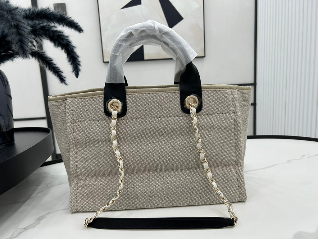 SAC CC DEAUVILLE TWEED 33X26X15.5CM CUIR NOIR QUINCAILLERIE DORÉ 35