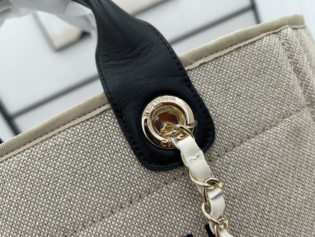 SAC CC DEAUVILLE TWEED 33X26X15.5CM CUIR NOIR QUINCAILLERIE DORÉ 35