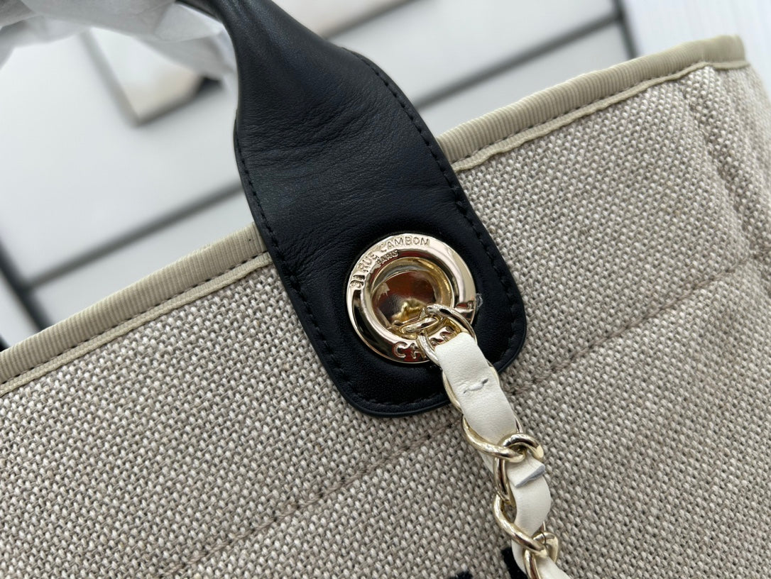 SAC CC DEAUVILLE TWEED 33X26X15.5CM CUIR NOIR QUINCAILLERIE DORÉ 35