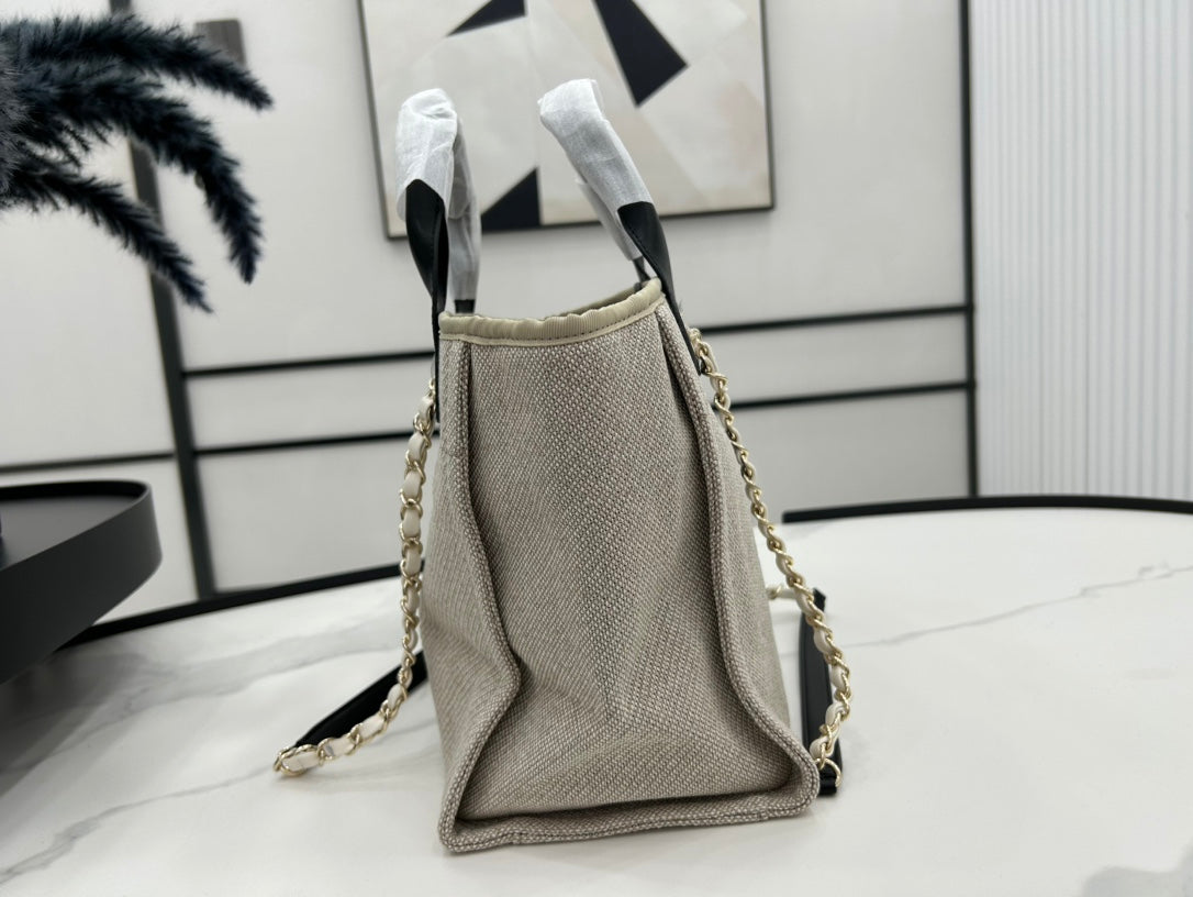 CC DEAUVILLE TWEED BAG 33X26X15.5CM BLACK LEATHER GOLD HARDWARE 35