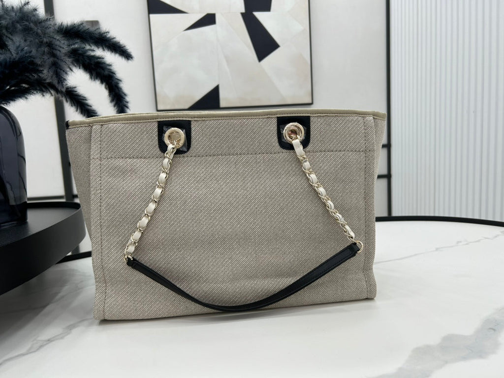 SAC CC DEAUVILLE TWEED 33X24X14.5CM CUIR NOIR QUINCAILLERIE DORÉ 36