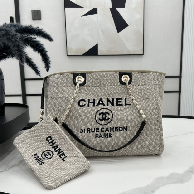 CC DEAUVILLE TWEED BAG 33X24X14.5CM BLACK LEATHER GOLD HARDWARE 36